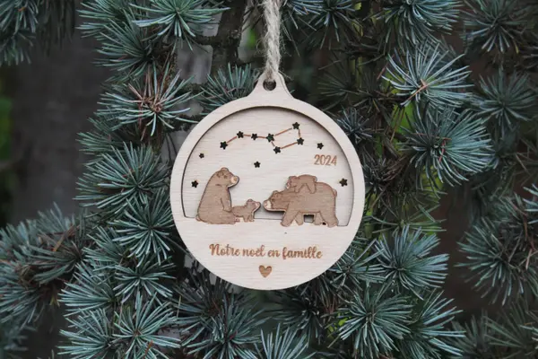 Boule de Noël personnalisée bois • Famille ours • Décoration sapin • Premier Noël bébé • Fait main • Idée cadeau Noël