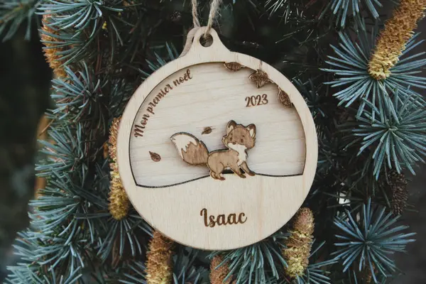 Boule de Noël personnalisée bois • Renard • Prénom + Année • Décoration sapin • Premier Noël bébé • Fait main • Idée cadeau Noël