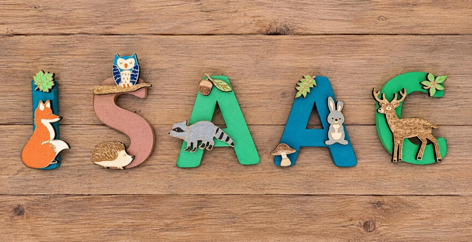 Aperçu 1 : Lettres prénom en bois personnalisé - décoration chambre de bébé/enfant - peintes à la main - thème forêt savane fleurs jungle océan...