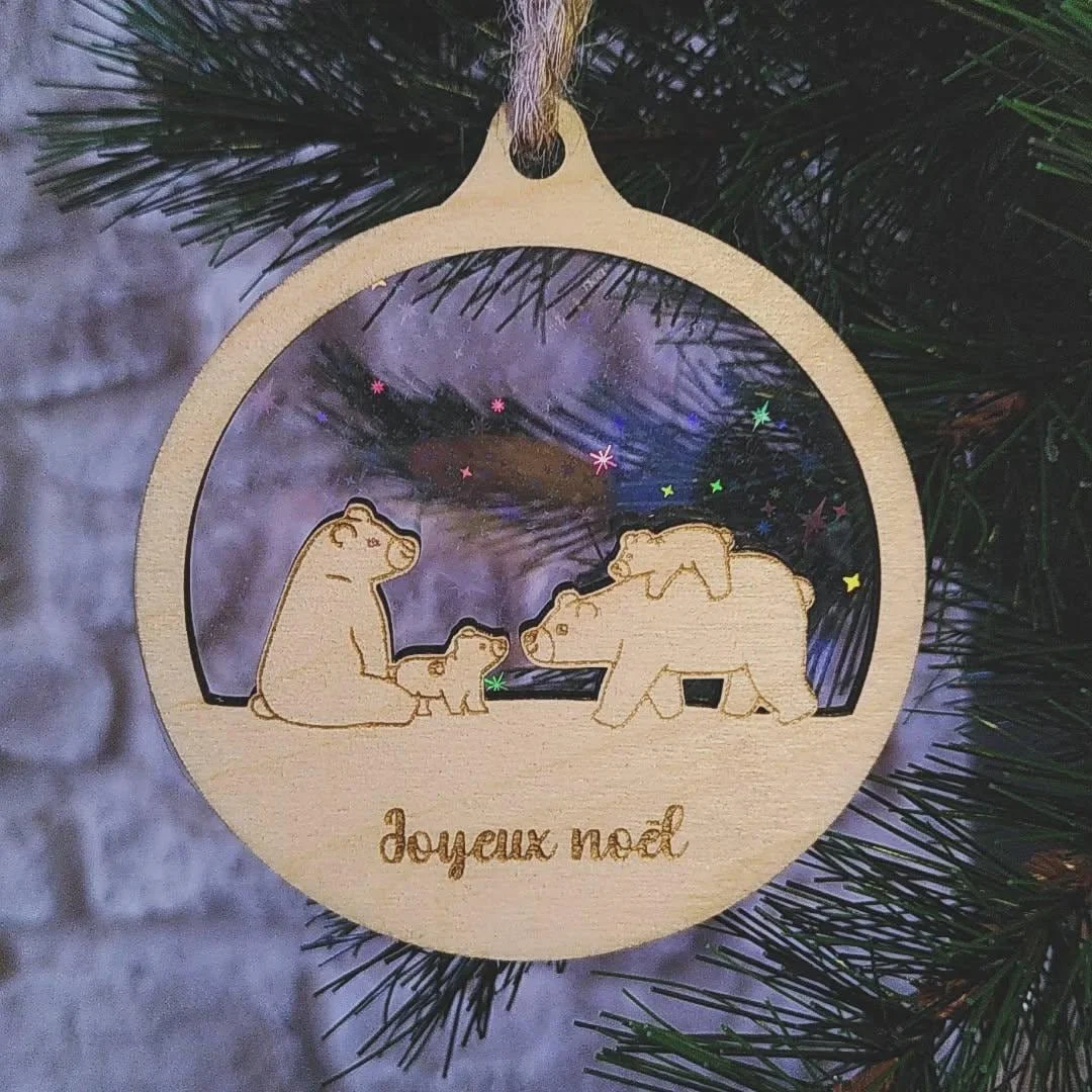 Aperçu 1 : Boule de Noël famille ours fond étoilé